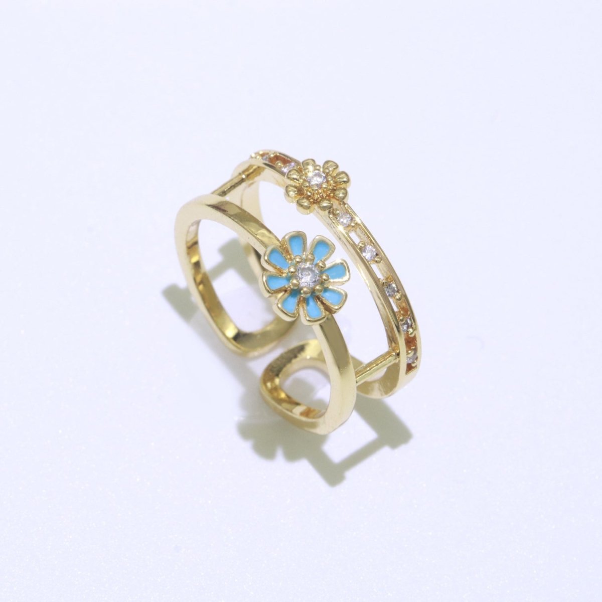 Gold Filled Double band Daisy Ring Enamel Open Adjustable Ring Flower Floral Jewelry O-466 ~ O-475 - DLUXCA