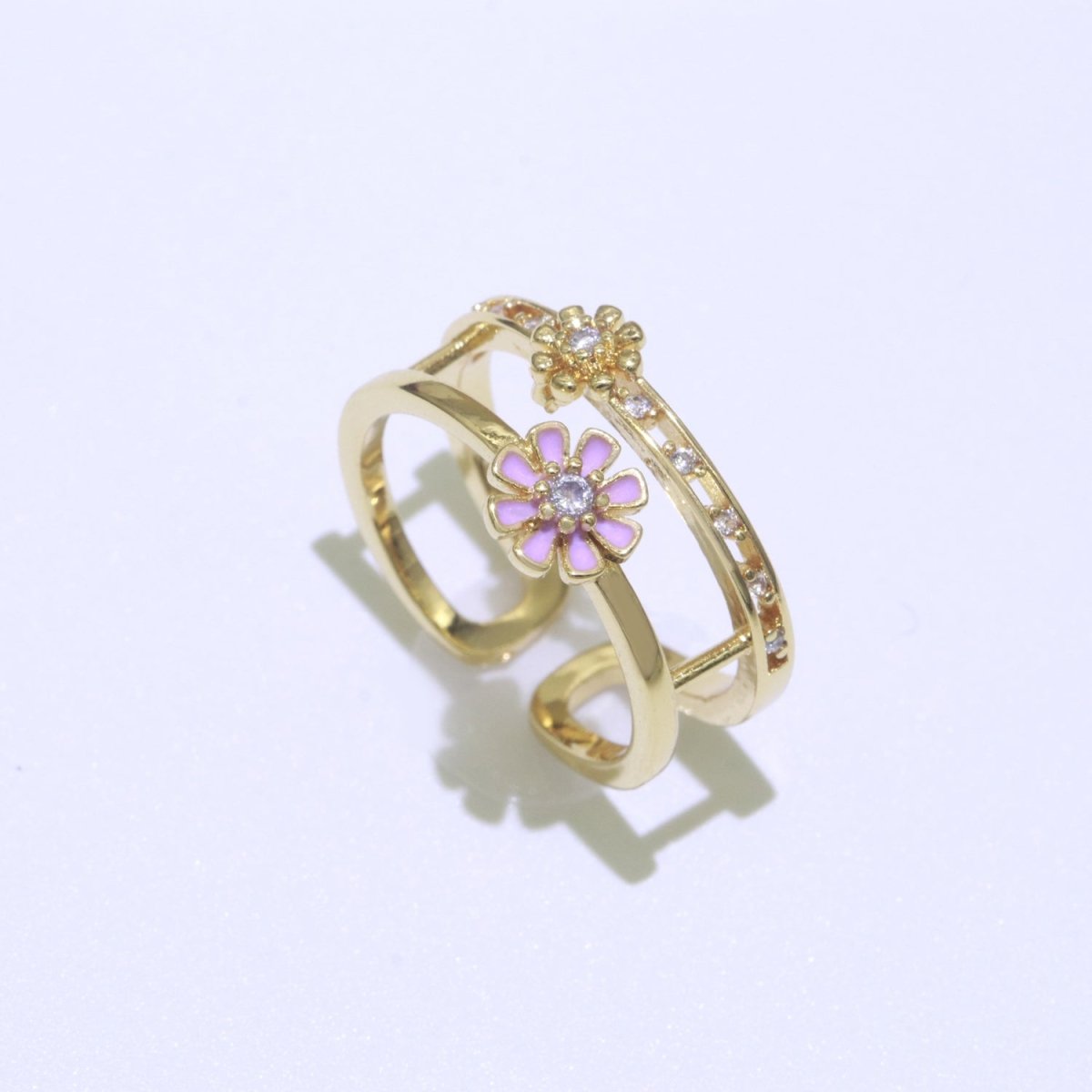 Gold Filled Double band Daisy Ring Enamel Open Adjustable Ring Flower Floral Jewelry O-466 ~ O-475 - DLUXCA
