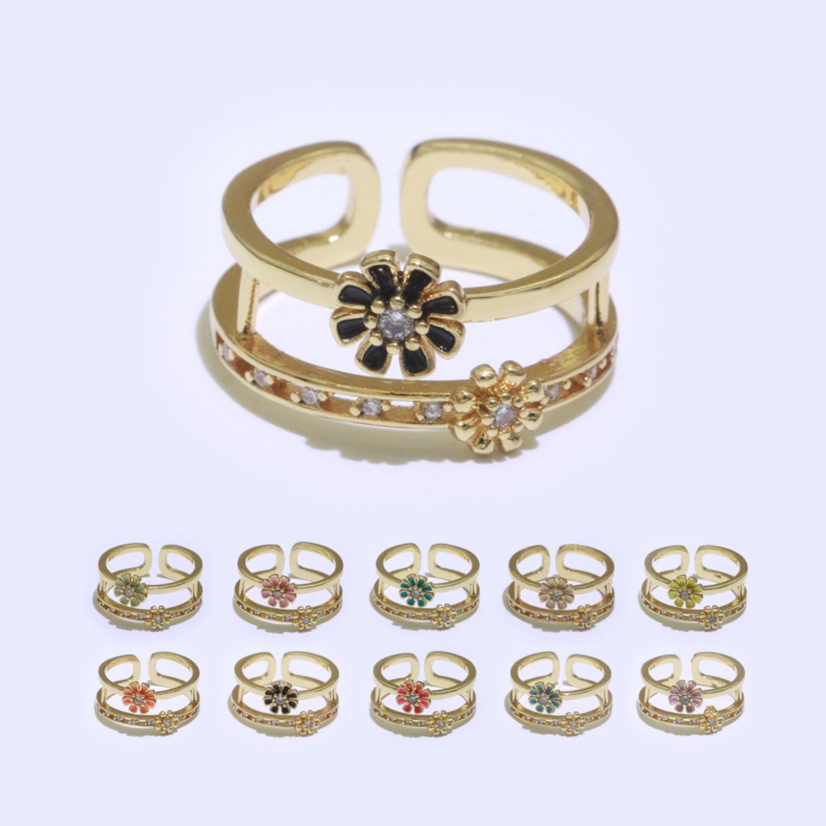 Gold Filled Double band Daisy Ring Enamel Open Adjustable Ring Flower Floral Jewelry O-466 ~ O-475 - DLUXCA