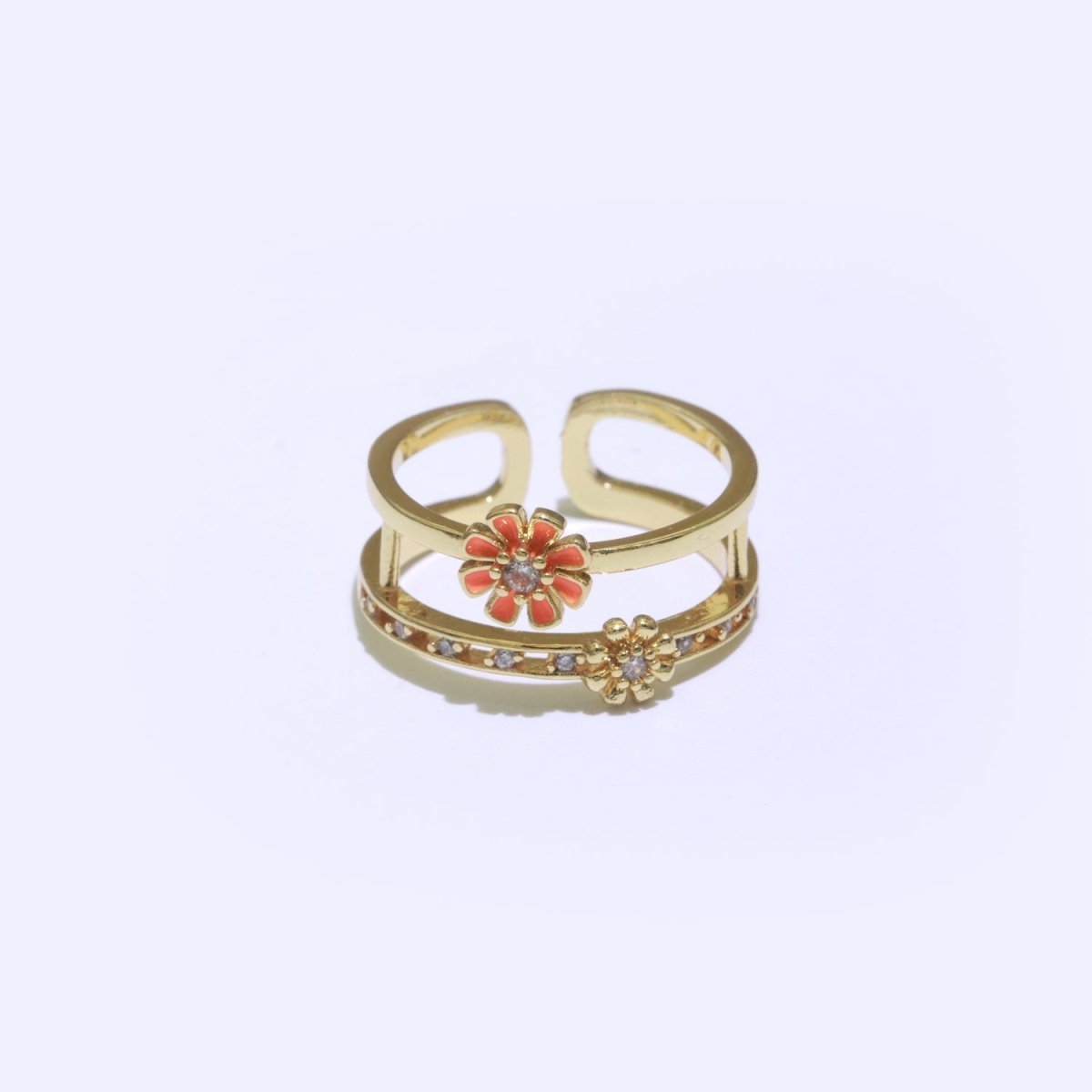 Gold Filled Double band Daisy Ring Enamel Open Adjustable Ring Flower Floral Jewelry O-466 ~ O-475 - DLUXCA