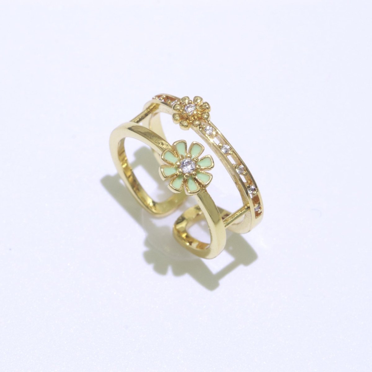 Gold Filled Double band Daisy Ring Enamel Open Adjustable Ring Flower Floral Jewelry O-466 ~ O-475 - DLUXCA