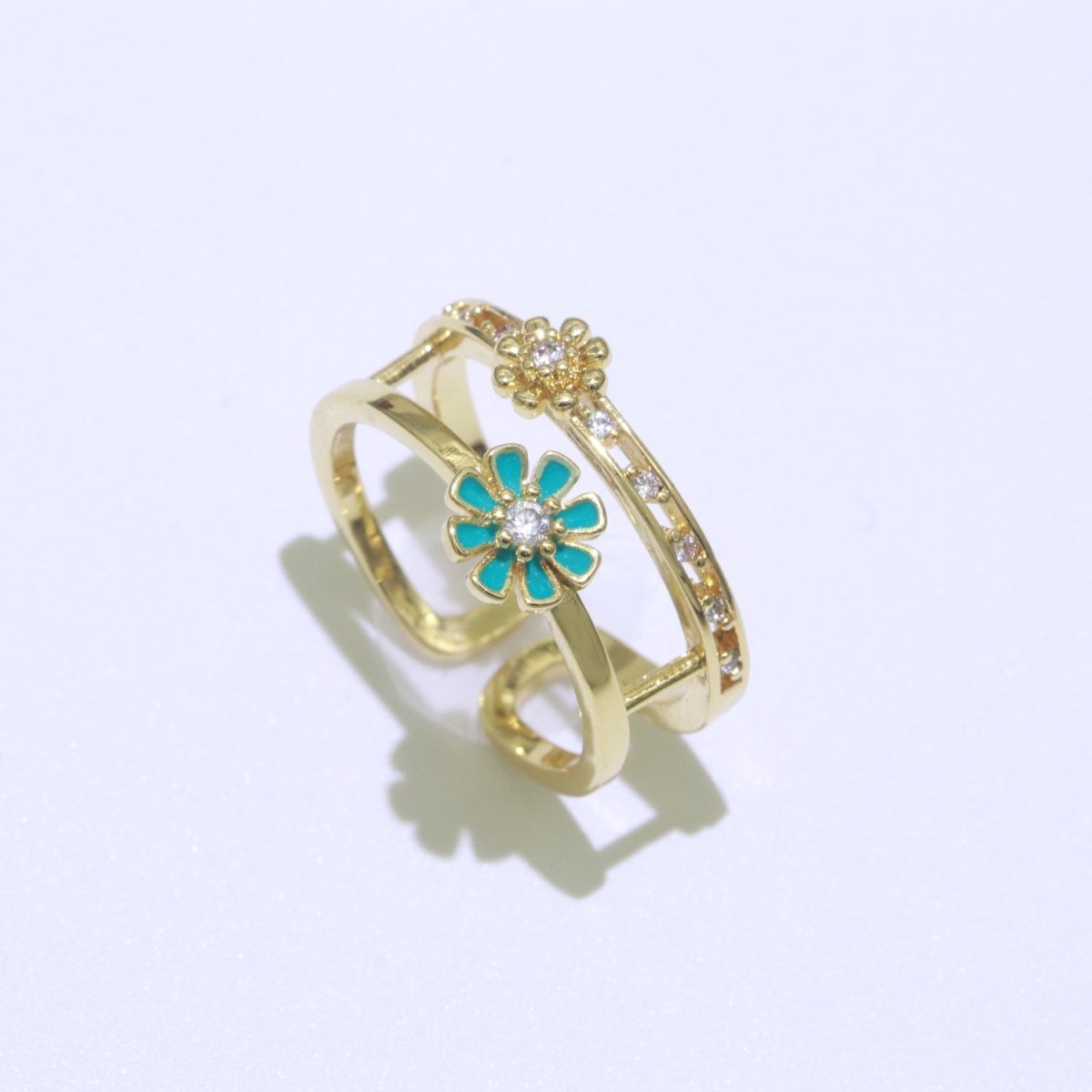 Gold Filled Double band Daisy Ring Enamel Open Adjustable Ring Flower Floral Jewelry O-466 ~ O-475 - DLUXCA