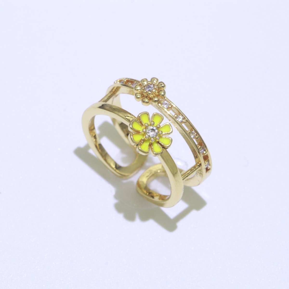 Gold Filled Double band Daisy Ring Enamel Open Adjustable Ring Flower Floral Jewelry O-466 ~ O-475 - DLUXCA