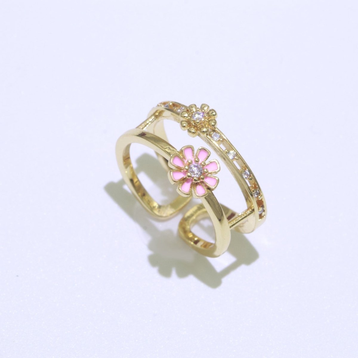 Gold Filled Double band Daisy Ring Enamel Open Adjustable Ring Flower Floral Jewelry O-466 ~ O-475 - DLUXCA