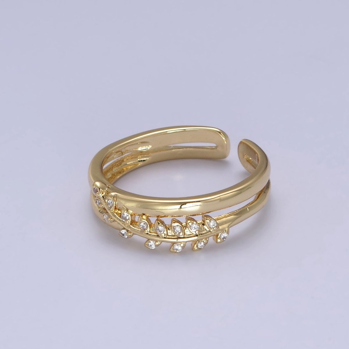 Gold Filled Double Olive Branch Vine with Crystal Zirconia CZ Band Adjustable Ring in 24K Gold & Silver | U-386 U-387 - DLUXCA