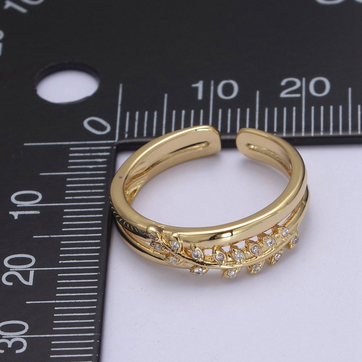 Gold Filled Double Olive Branch Vine with Crystal Zirconia CZ Band Adjustable Ring in 24K Gold & Silver | U-386 U-387 - DLUXCA