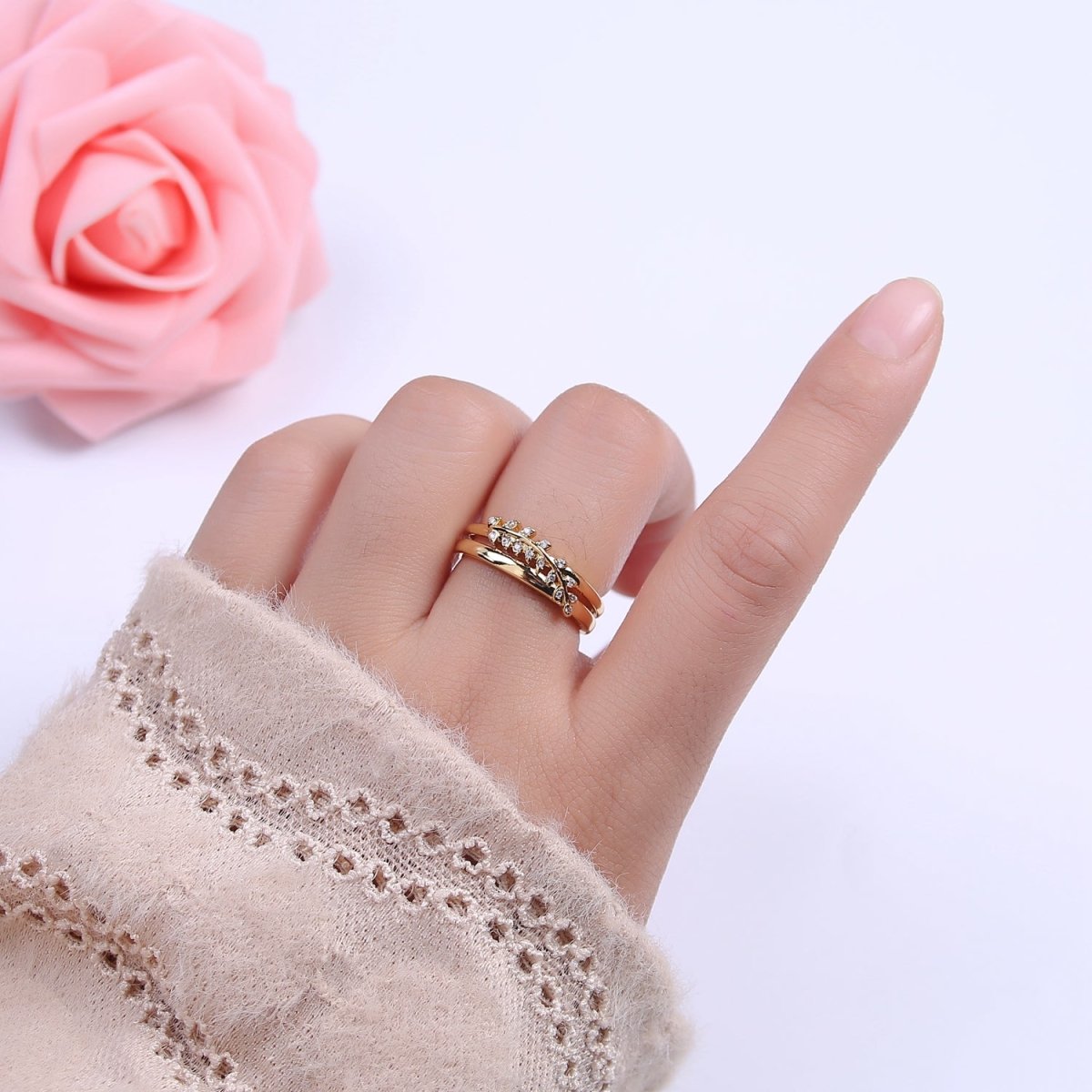 Gold Filled Double Olive Branch Vine with Crystal Zirconia CZ Band Adjustable Ring in 24K Gold & Silver | U-386 U-387 - DLUXCA