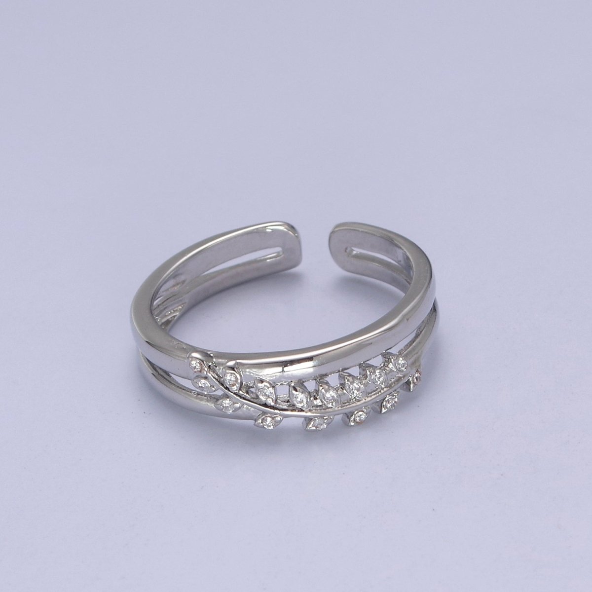 Gold Filled Double Olive Branch Vine with Crystal Zirconia CZ Band Adjustable Ring in 24K Gold & Silver | U-386 U-387 - DLUXCA