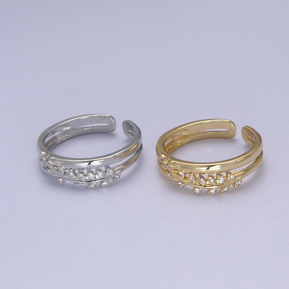 Gold Filled Double Olive Branch Vine with Crystal Zirconia CZ Band Adjustable Ring in 24K Gold & Silver | U-386 U-387 - DLUXCA