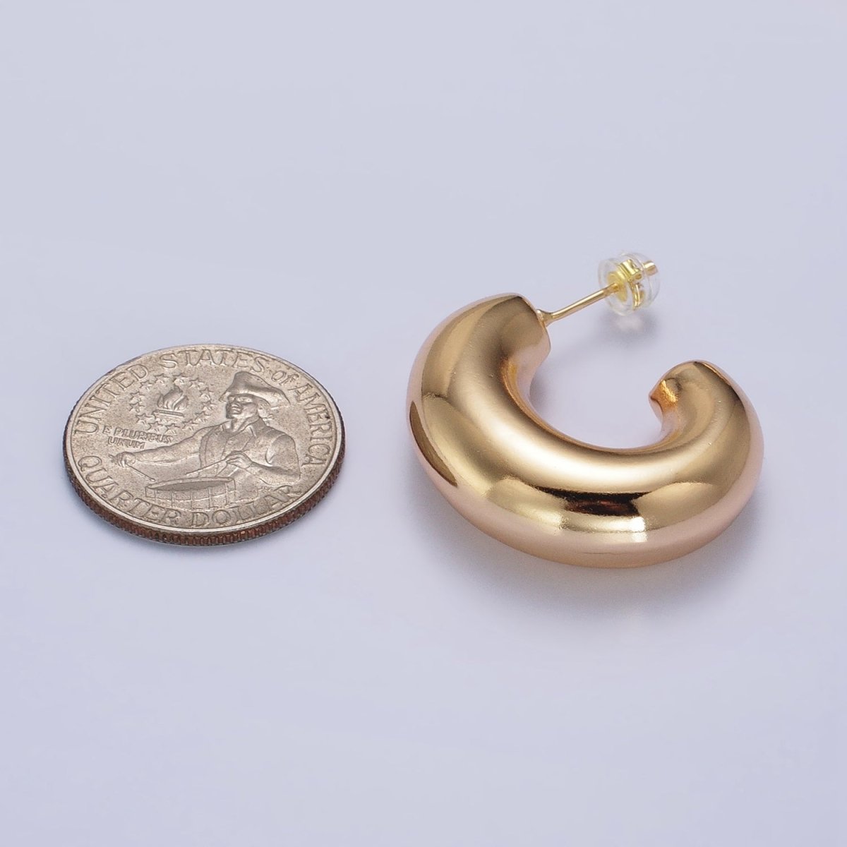 Gold Filled Edged Wide Chubby Geometric J-Shaped Hoop Earrings in Gold & Silver | AB-340 AB-341 - DLUXCA