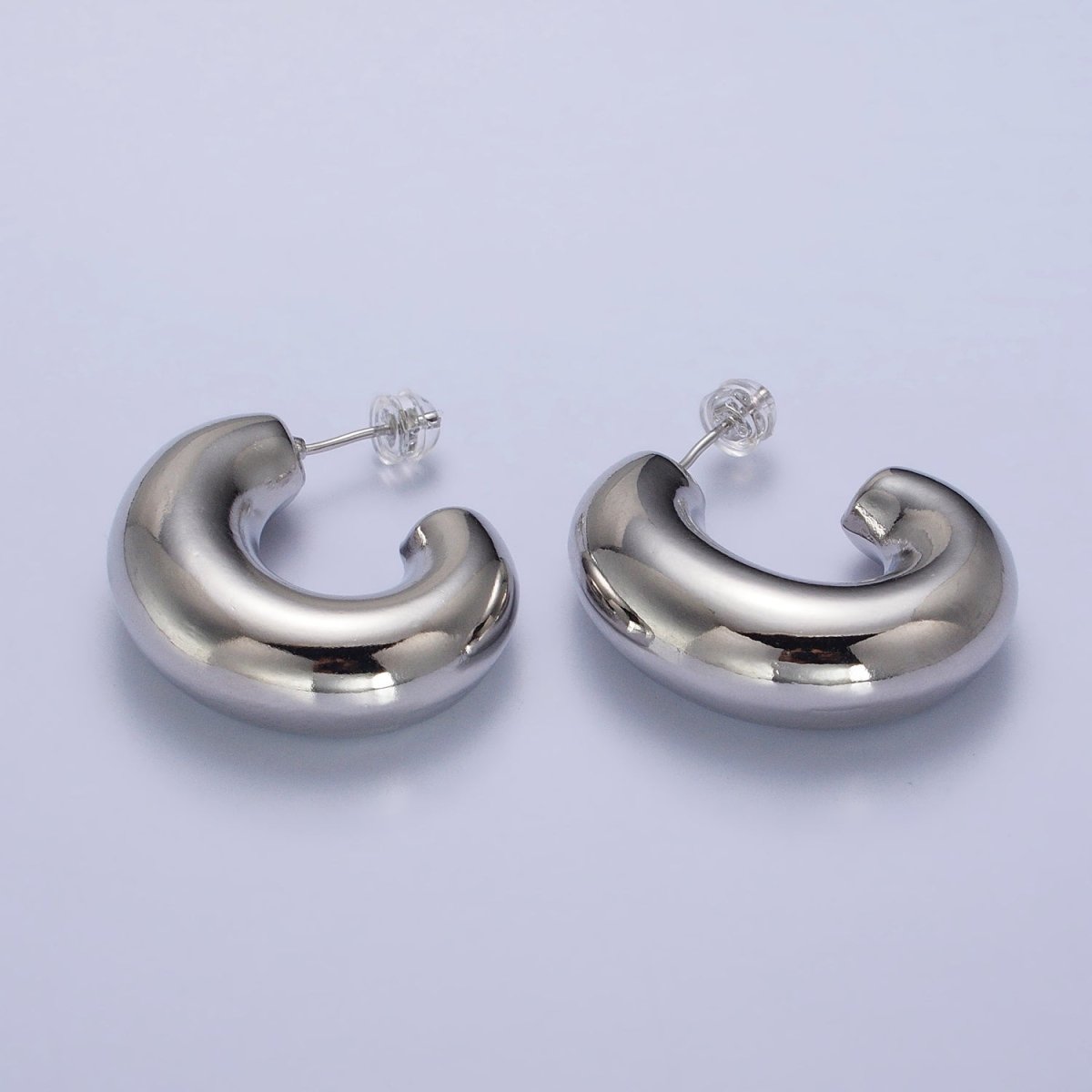 Gold Filled Edged Wide Chubby Geometric J-Shaped Hoop Earrings in Gold & Silver | AB-340 AB-341 - DLUXCA