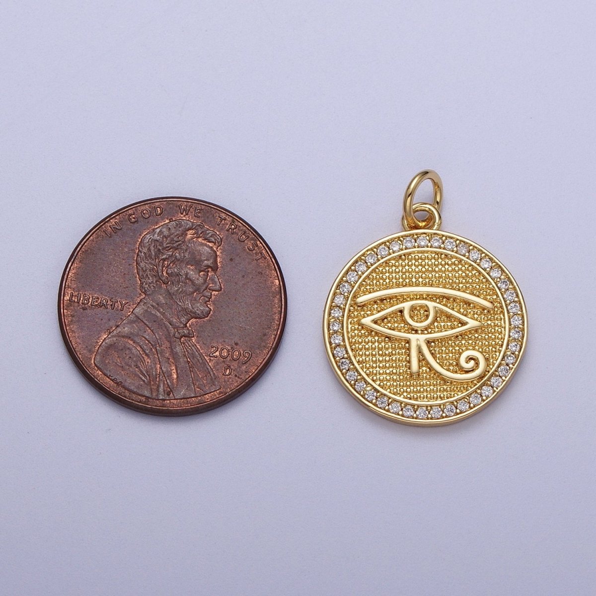 Gold Filled Egyptian Eye of Ra 17mm Micro Paved CZ Textured Round Charm in Gold & Silver | C-343 C-352 - DLUXCA