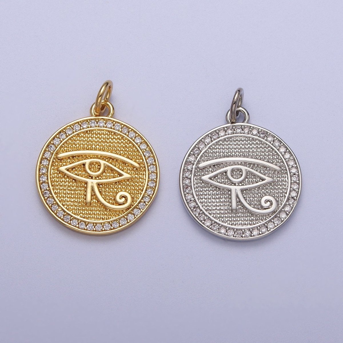 Gold Filled Egyptian Eye of Ra 17mm Micro Paved CZ Textured Round Charm in Gold & Silver | C-343 C-352 - DLUXCA
