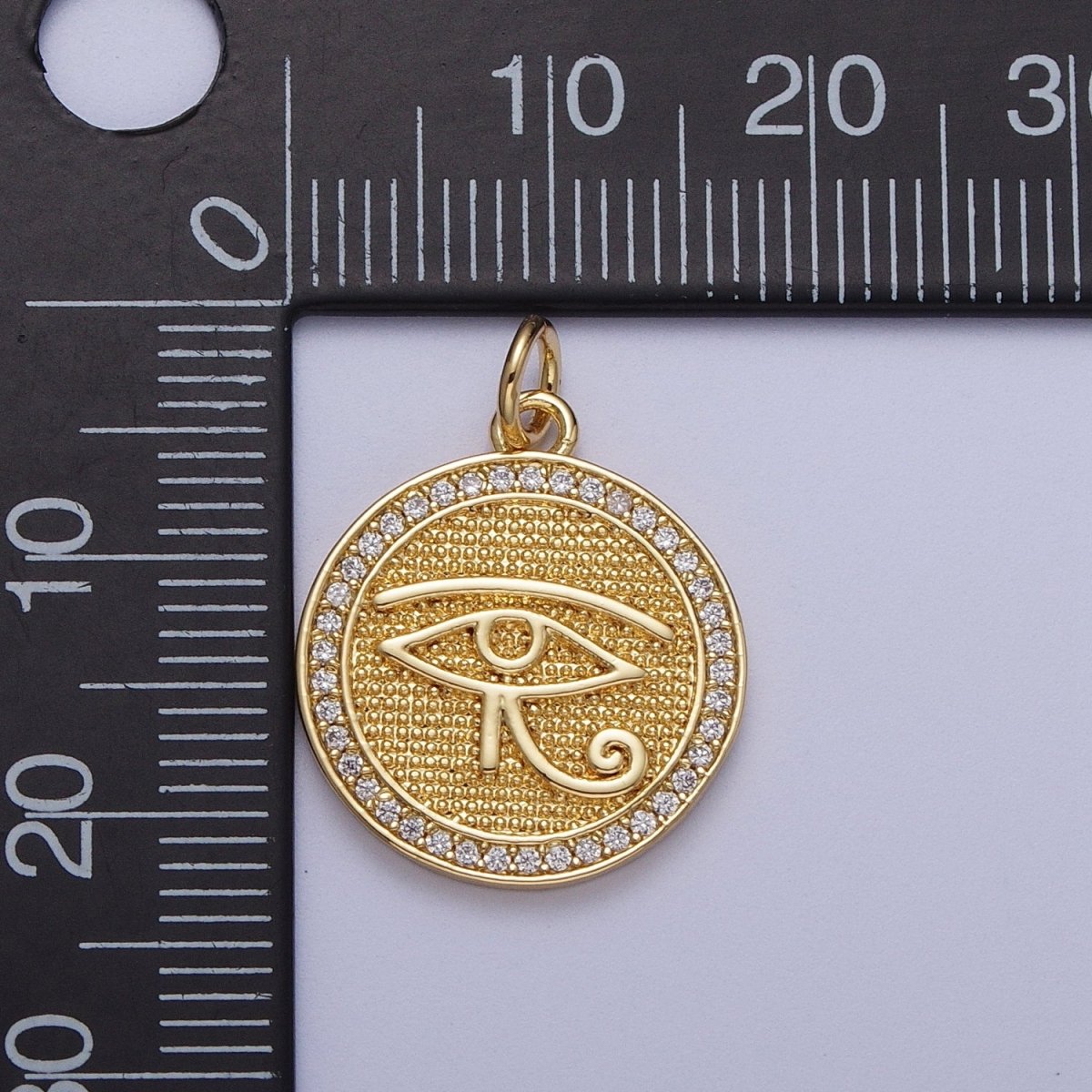 Gold Filled Egyptian Eye of Ra 17mm Micro Paved CZ Textured Round Charm in Gold & Silver | C-343 C-352 - DLUXCA