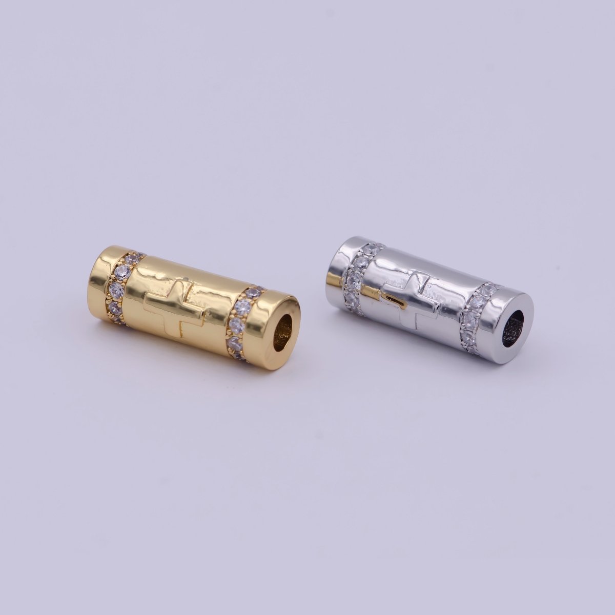 Gold Filled Evil Eye / Religious Cross Long Tube Spacer Barrel Beads in Gold & Silver | B-034 B-087 B-709 B-710 - DLUXCA