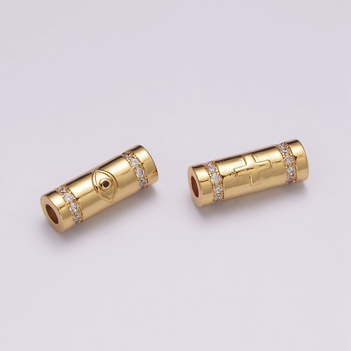 Gold Filled Evil Eye / Religious Cross Long Tube Spacer Barrel Beads in Gold & Silver | B-034 B-087 B-709 B-710 - DLUXCA