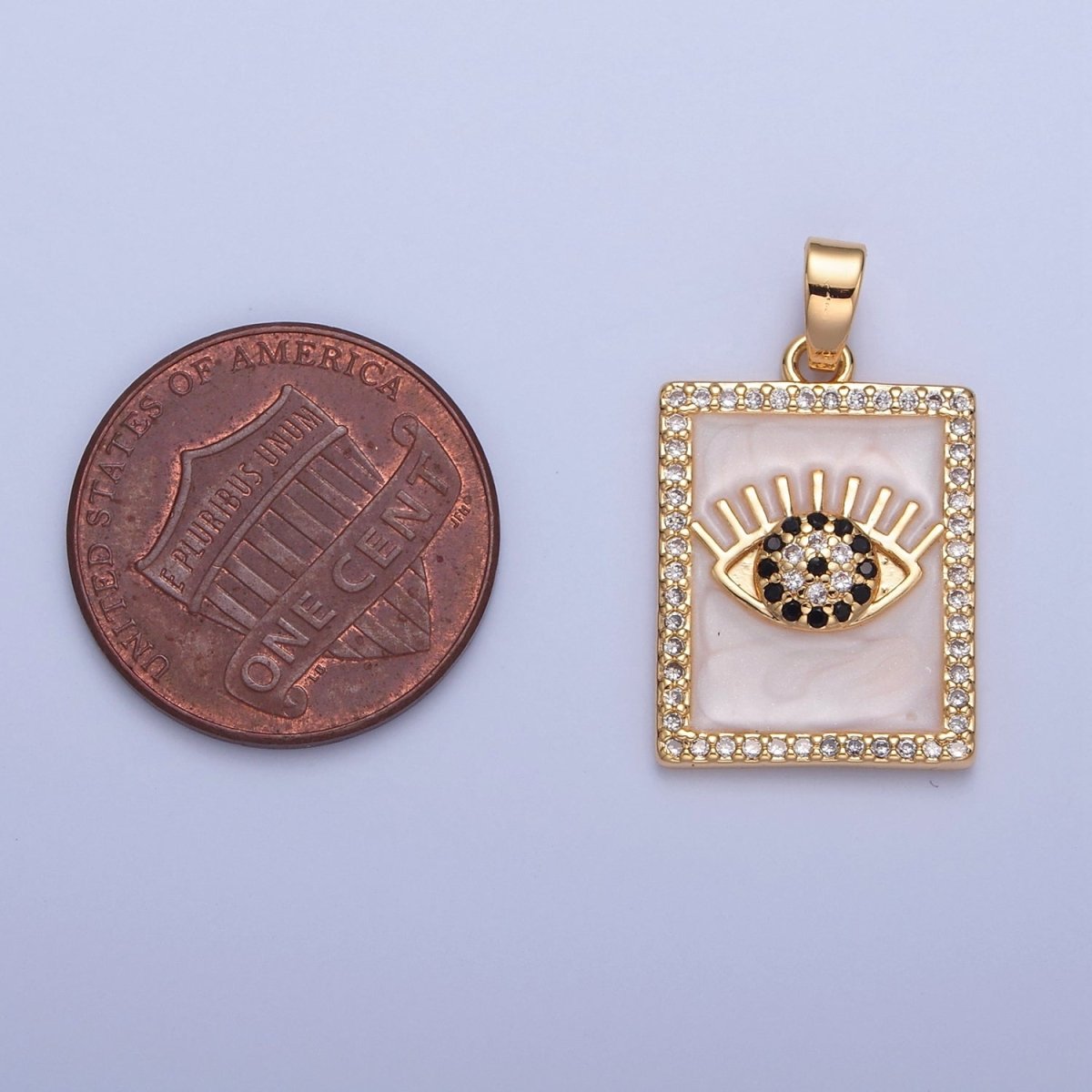 Gold Filled Evil Eye Tag Pendant, Micro Pave Black & Clear CZ with White Enamel Eye of Ra Protection Tile Pendant H-064 - DLUXCA