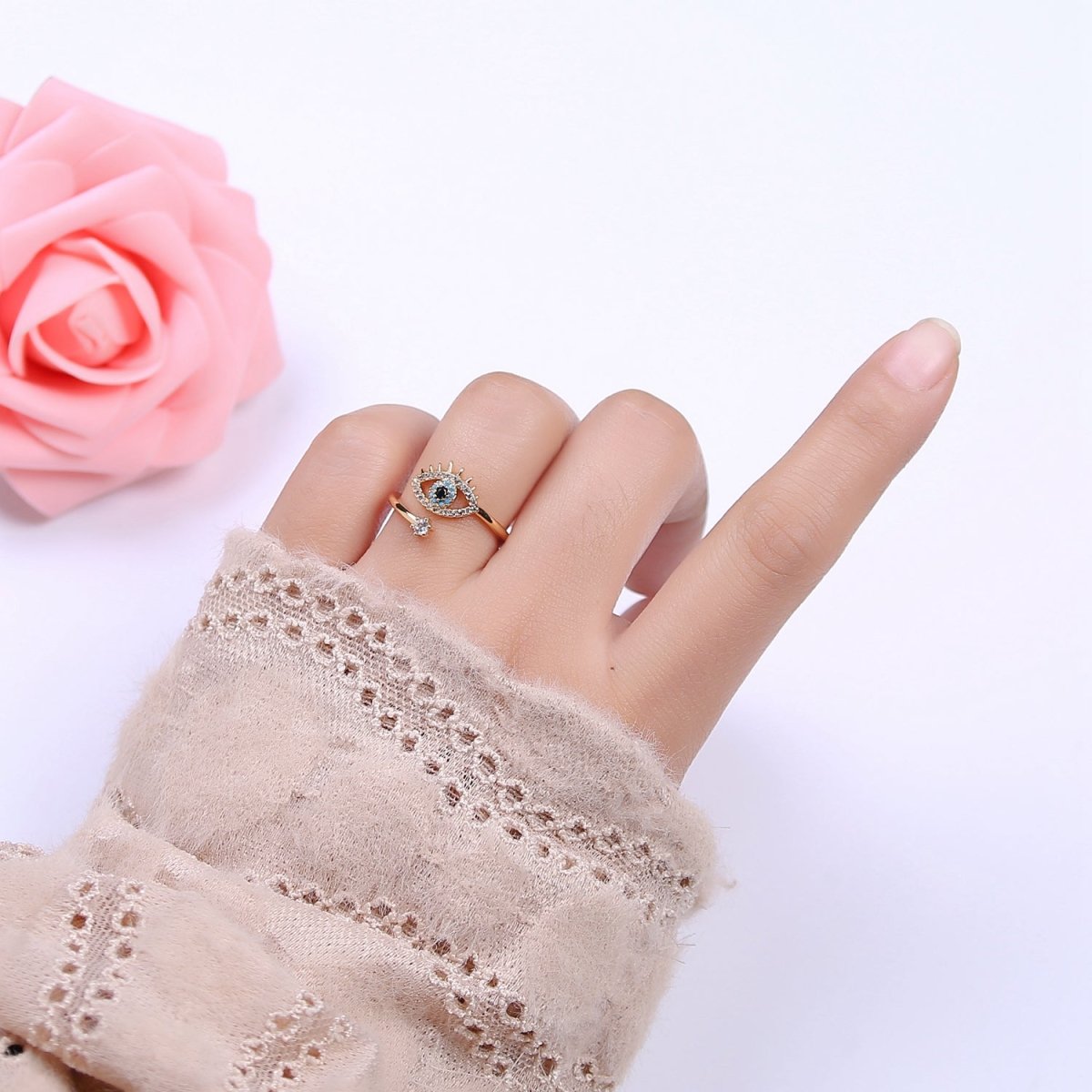 Gold Filled Eye Ring, Evil Eye Zircons Ring, CZ Eye Ring Good Luck Open Adjustable Ring U-351 - DLUXCA