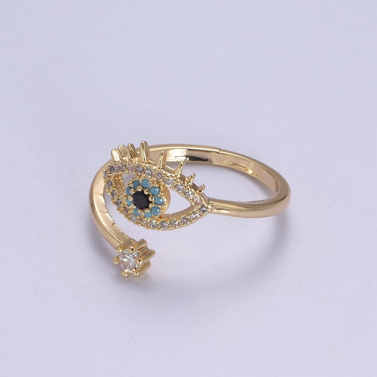 Gold Filled Eye Ring, Evil Eye Zircons Ring, CZ Eye Ring Good Luck Open Adjustable Ring U-351 - DLUXCA