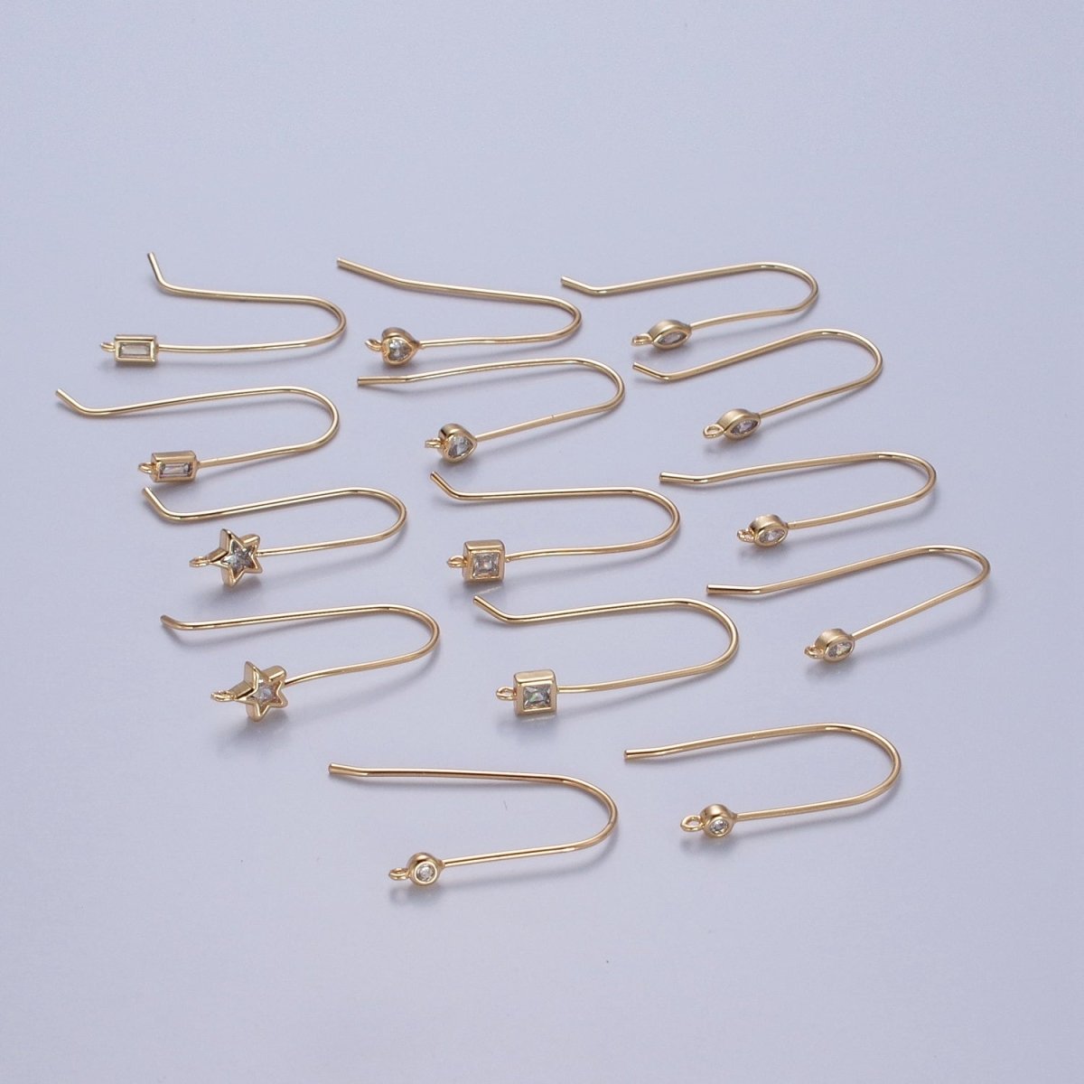 Gold Filled French Hook Earrings, Geometric Marquise Heart Baguette Oval Square Star Round CZ Cubic Zirconia Fish Hook Earrings with Open Link Loop for Earrings Making L-802~L-808 - DLUXCA
