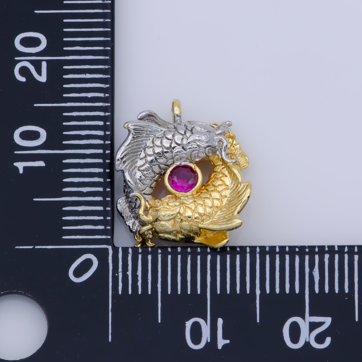 Gold Filled Fuchsia CZ Mixed Metal Scaled Fish Yin Yang Symbol Charm | M-391 - DLUXCA