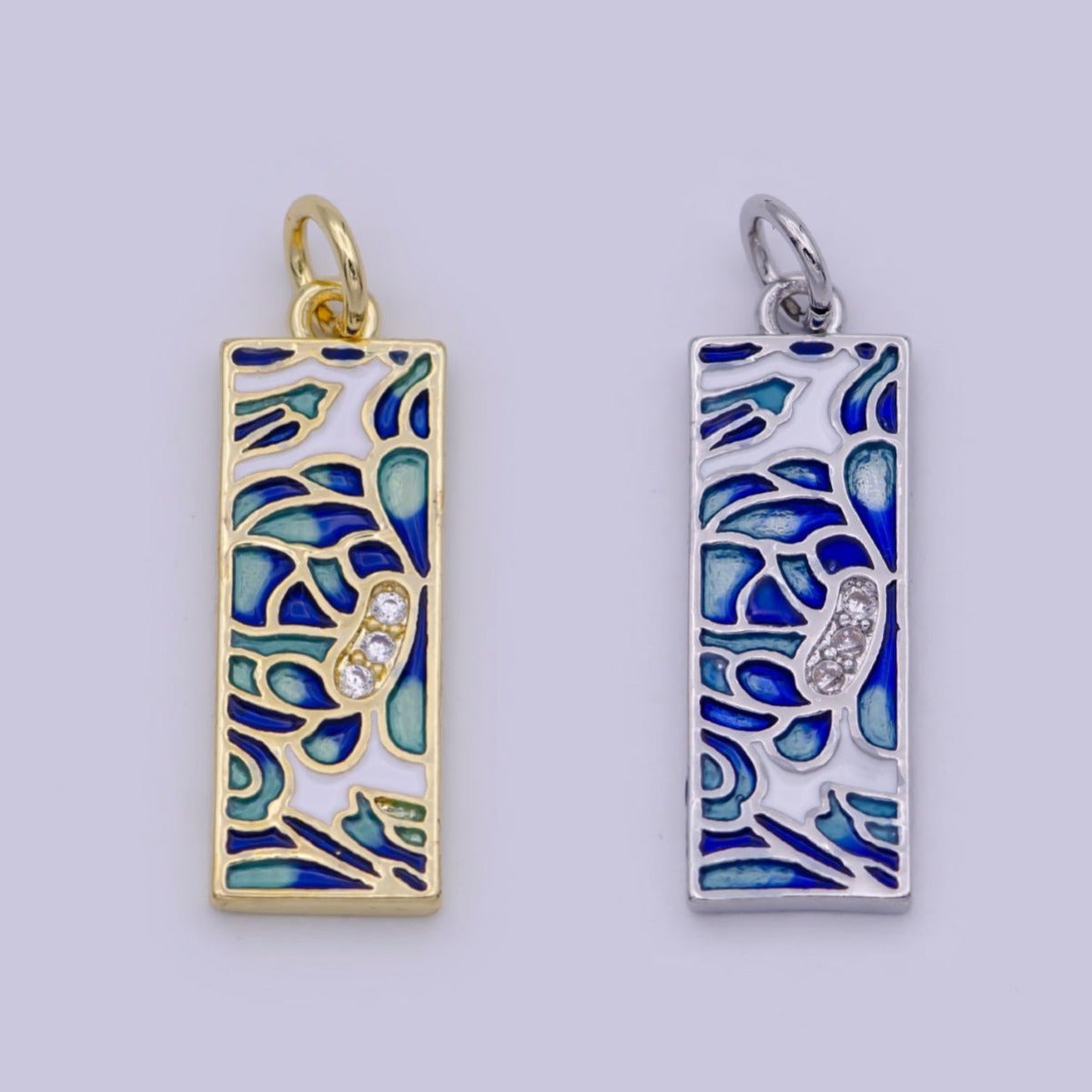 Gold Filled Green Blue Enamel Flower Tag Charm in Gold & Silver | M-933 C-331 - DLUXCA