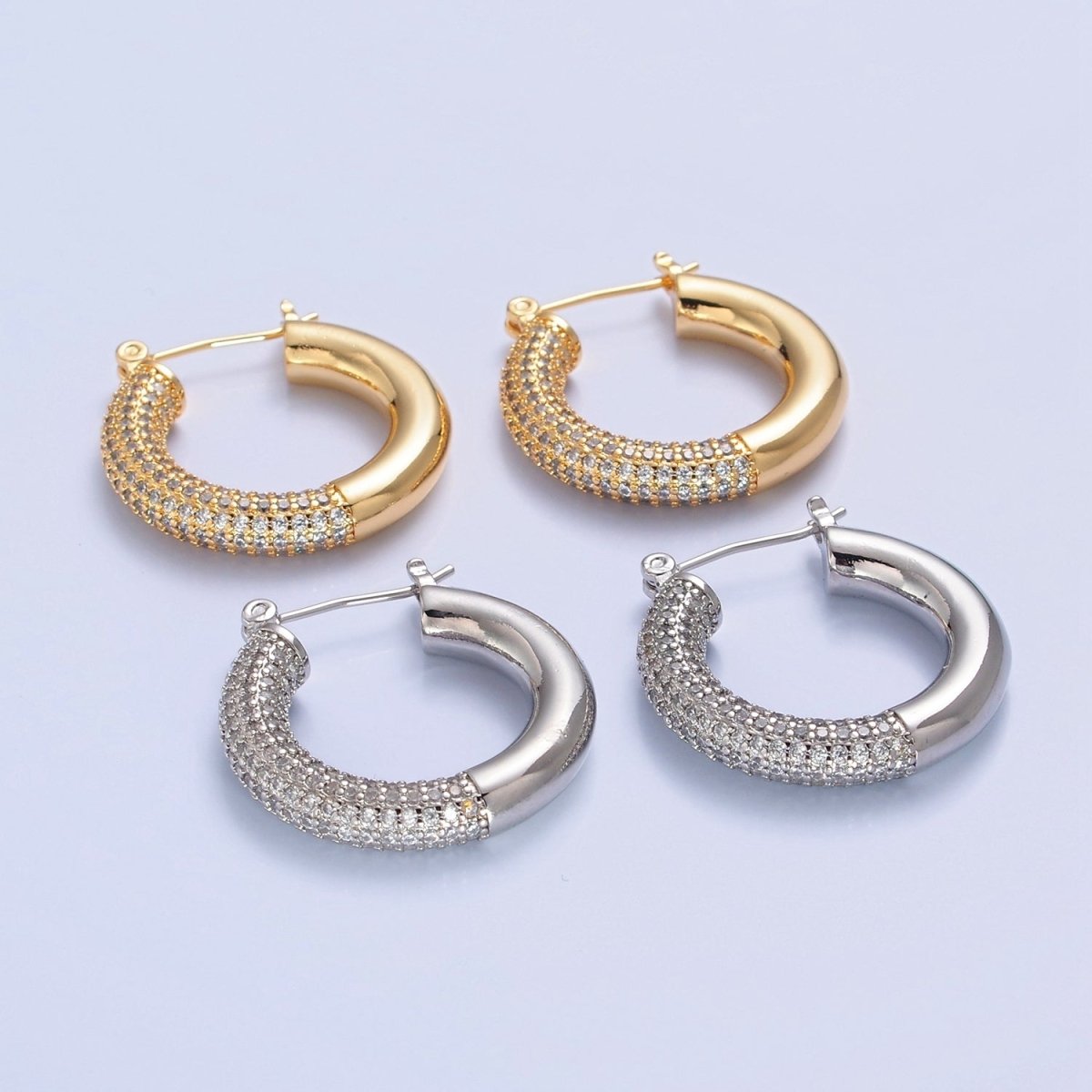 Gold Filled Half Micro Paved Cubic Zirconia 30mm Hoop Latch Earrings in Silver & Gold | T-514 T-515 - DLUXCA