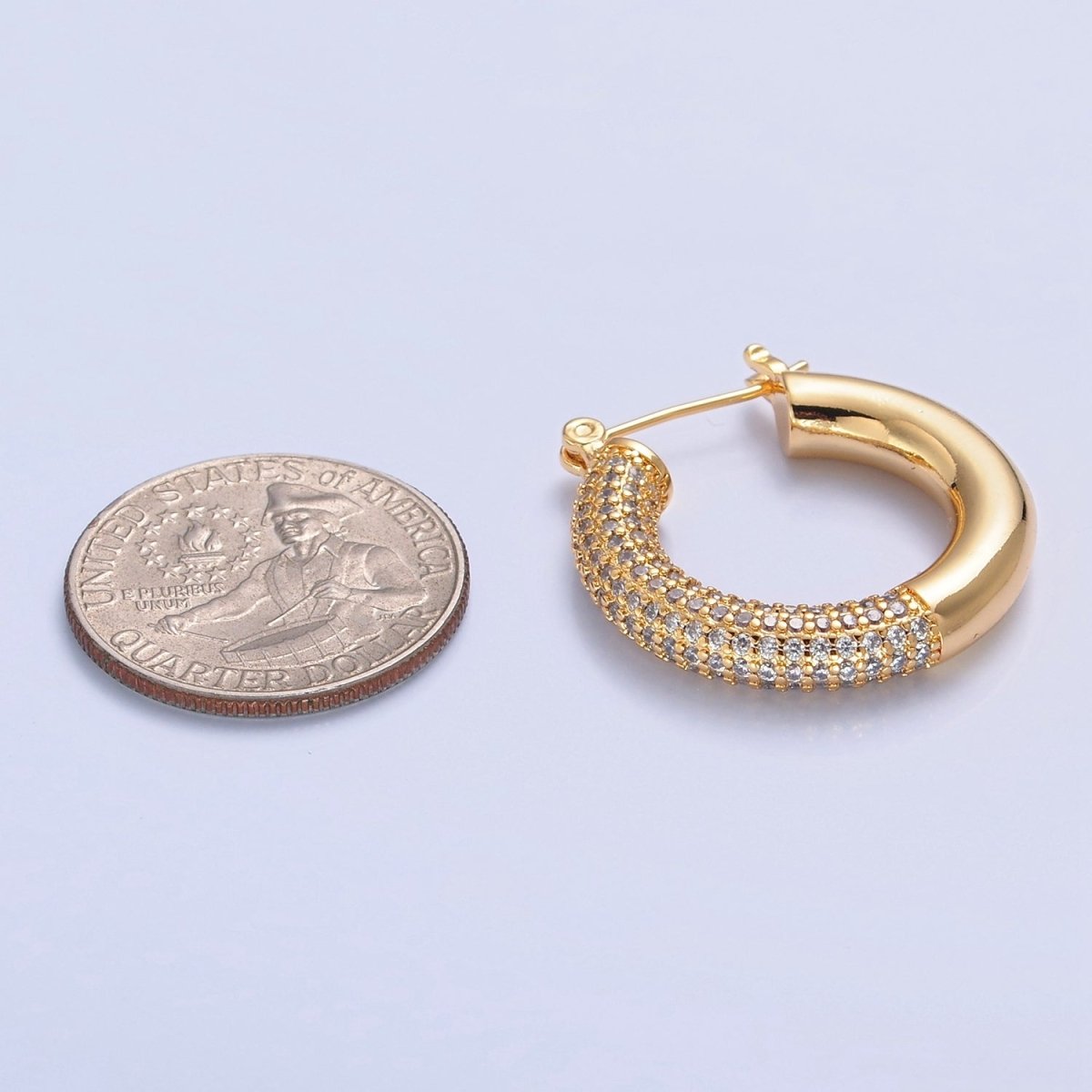 Gold Filled Half Micro Paved Cubic Zirconia 30mm Hoop Latch Earrings in Silver & Gold | T-514 T-515 - DLUXCA