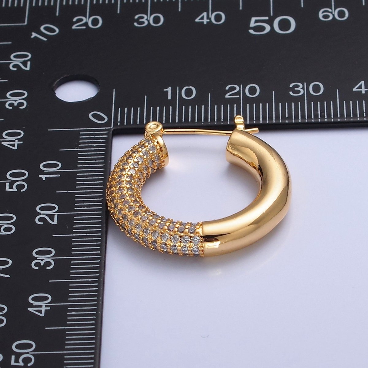 Gold Filled Half Micro Paved Cubic Zirconia 30mm Hoop Latch Earrings in Silver & Gold | T-514 T-515 - DLUXCA