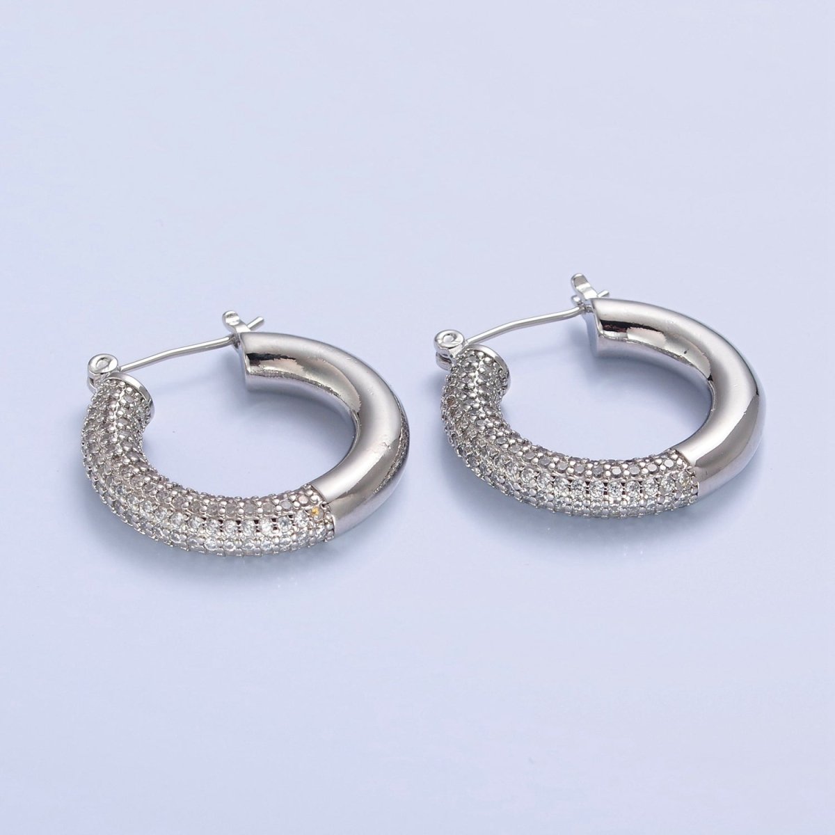 Gold Filled Half Micro Paved Cubic Zirconia 30mm Hoop Latch Earrings in Silver & Gold | T-514 T-515 - DLUXCA