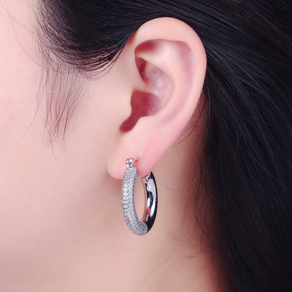 Gold Filled Half Micro Paved Cubic Zirconia 30mm Hoop Latch Earrings in Silver & Gold | T-514 T-515 - DLUXCA