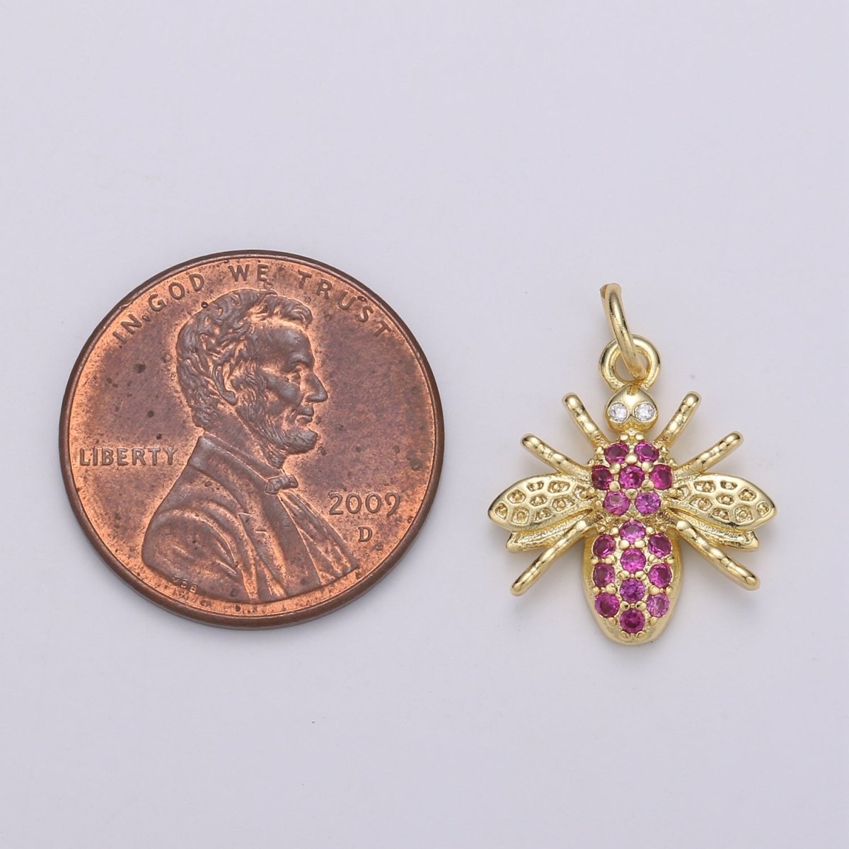 Gold Filled Hot Pink Crystal Bees Flies Charm D-880 - DLUXCA