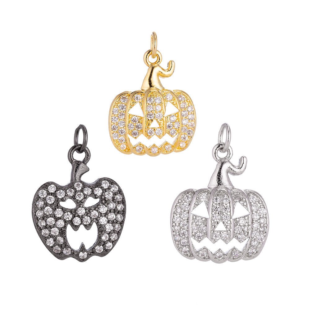 Gold Filled Jack O Lantern Pumpkin Face Cubic Zirconia Micro Pave Charm Bracelet Necklace Earring Pendant halloween for Jewelry Making C-131 - DLUXCA