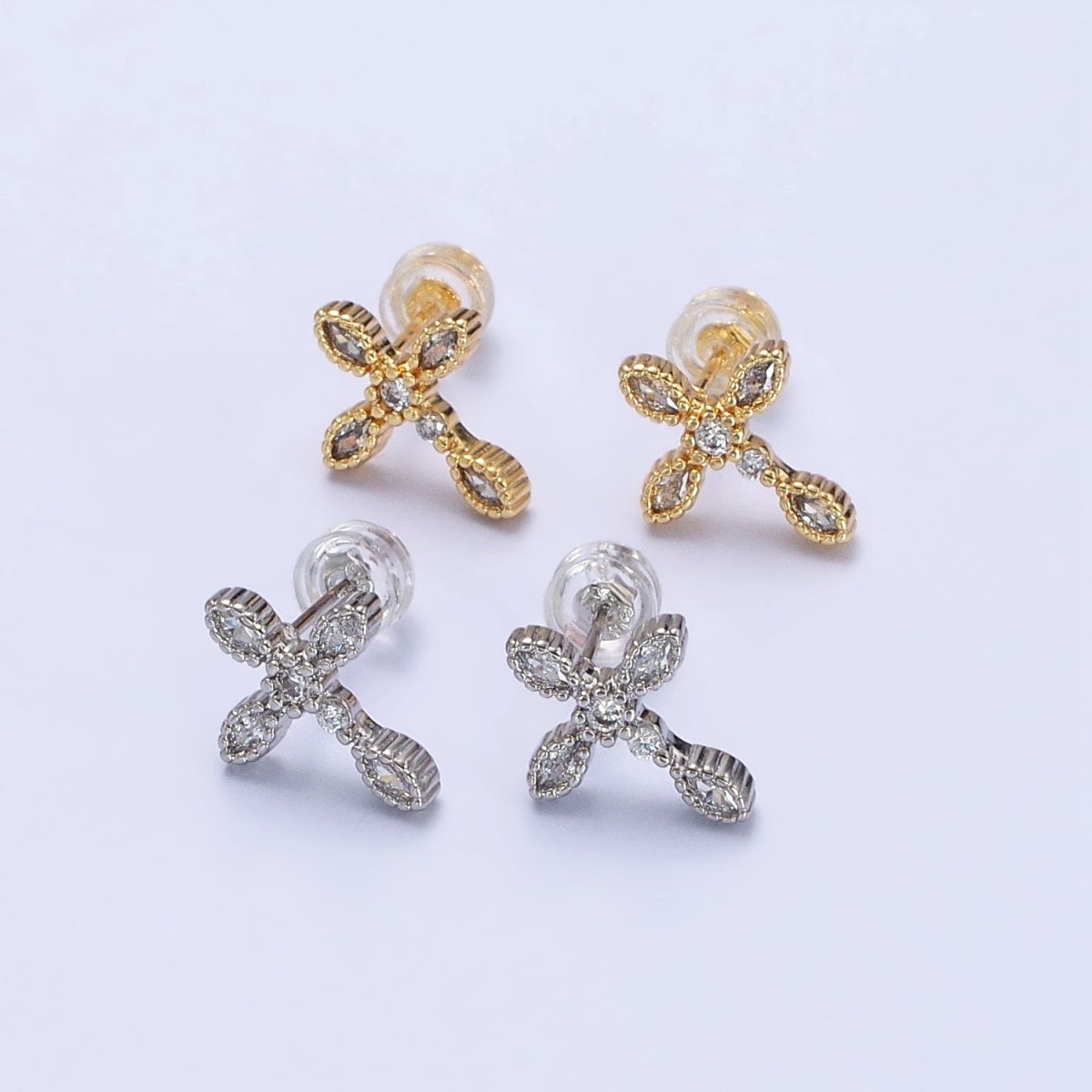 Gold Filled Marquise CZ Religious Cross Stud Earrings in Silver & Gold | AB378 AB559 - DLUXCA