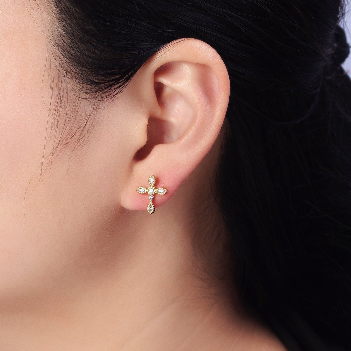 Gold Filled Marquise CZ Religious Cross Stud Earrings in Silver & Gold | AB378 AB559 - DLUXCA