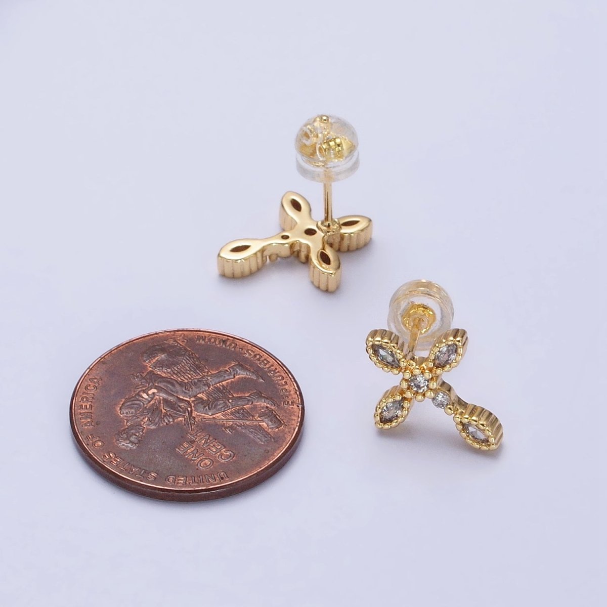 Gold Filled Marquise CZ Religious Cross Stud Earrings in Silver & Gold | AB378 AB559 - DLUXCA