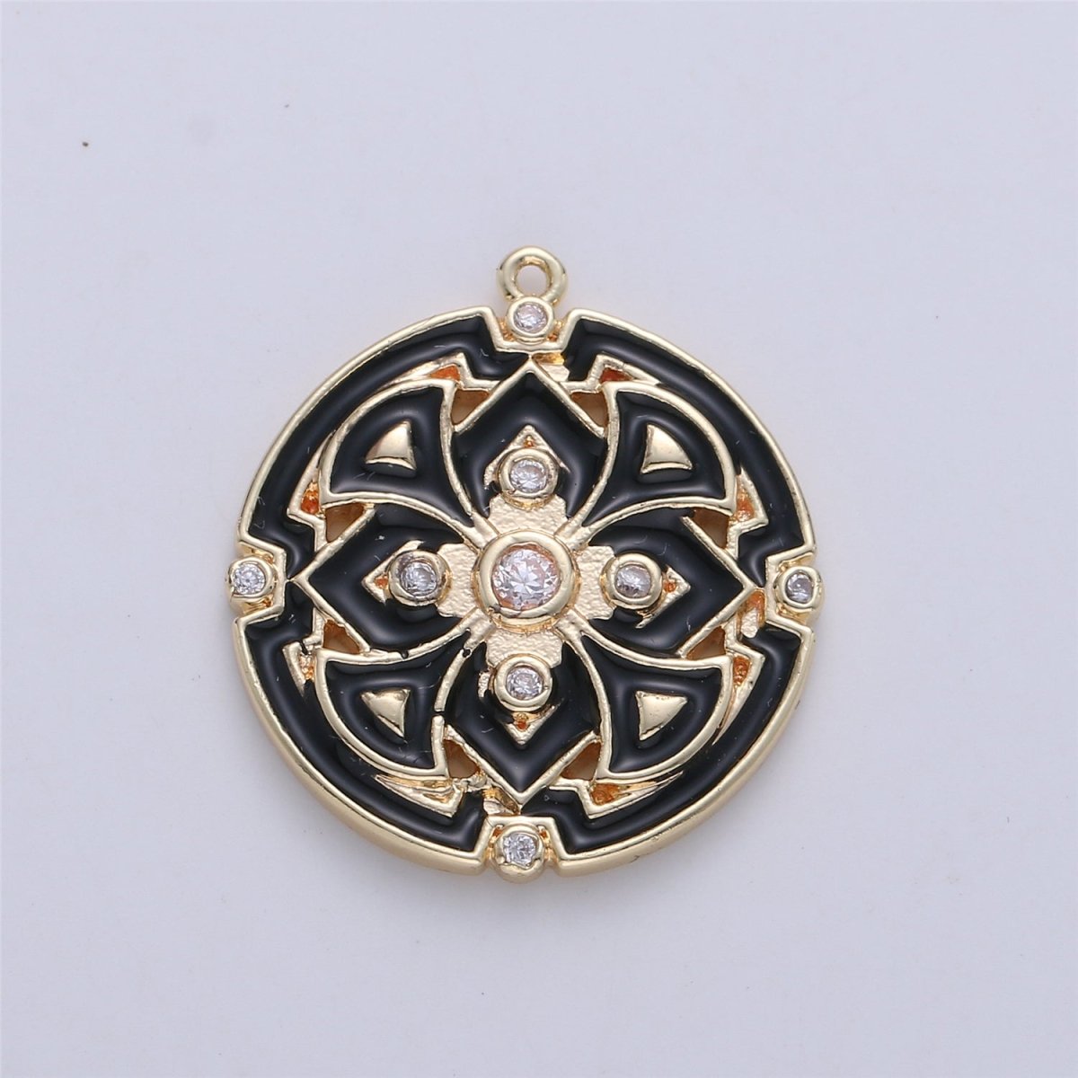 Gold Filled Micro Pave Black White Enamel Round Disc Charms Medallion Pendant, Enamel Pendant, Round Enamel C-620 - DLUXCA