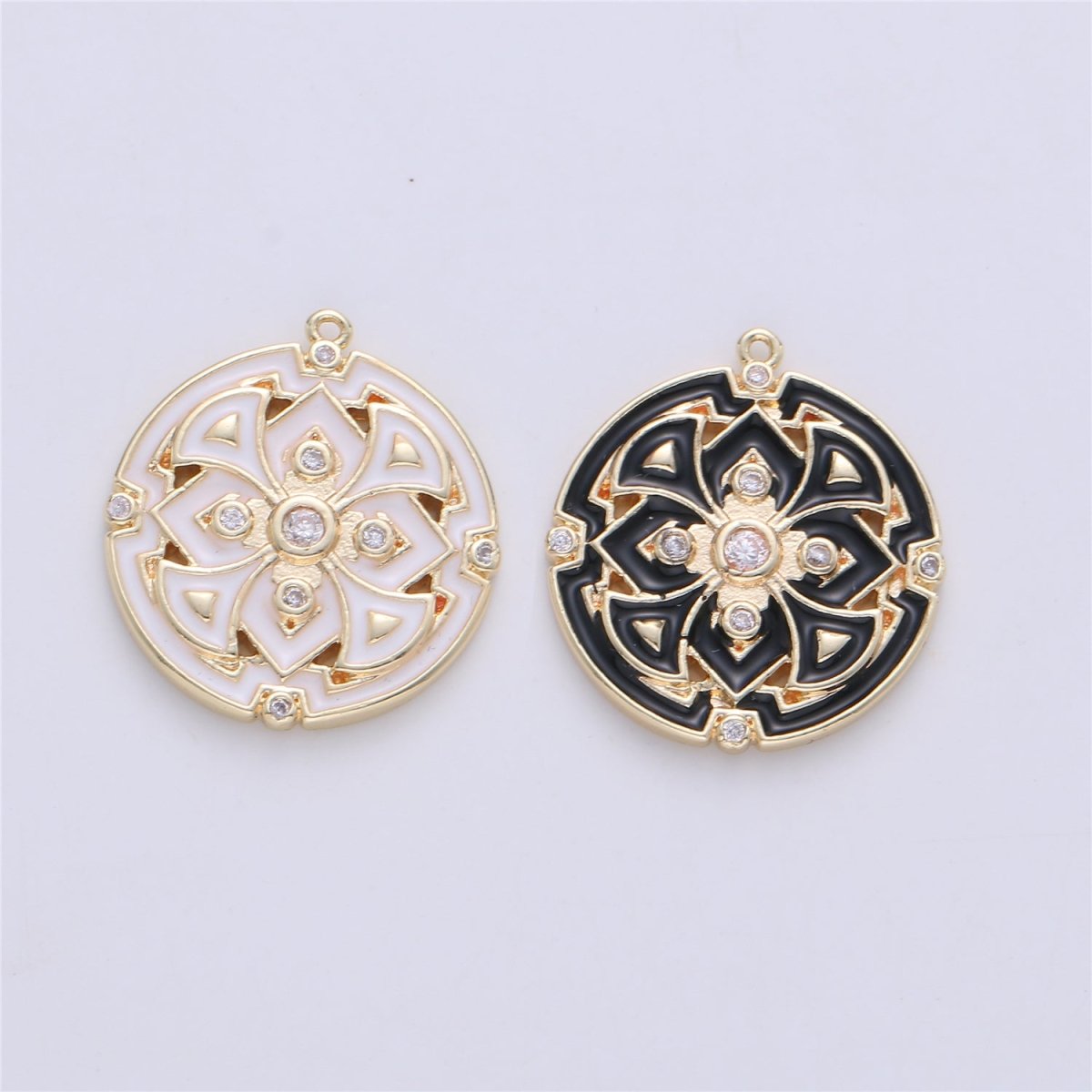 Gold Filled Micro Pave Black White Enamel Round Disc Charms Medallion Pendant, Enamel Pendant, Round Enamel C-620 - DLUXCA