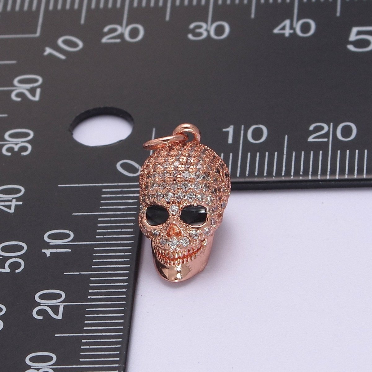 Gold Filled Micro Paved Clear CZ 3D Black Eyed Skull Skeleton Charm in Gold, Silver, Rose Gold N-824 N-825 N-826 - DLUXCA