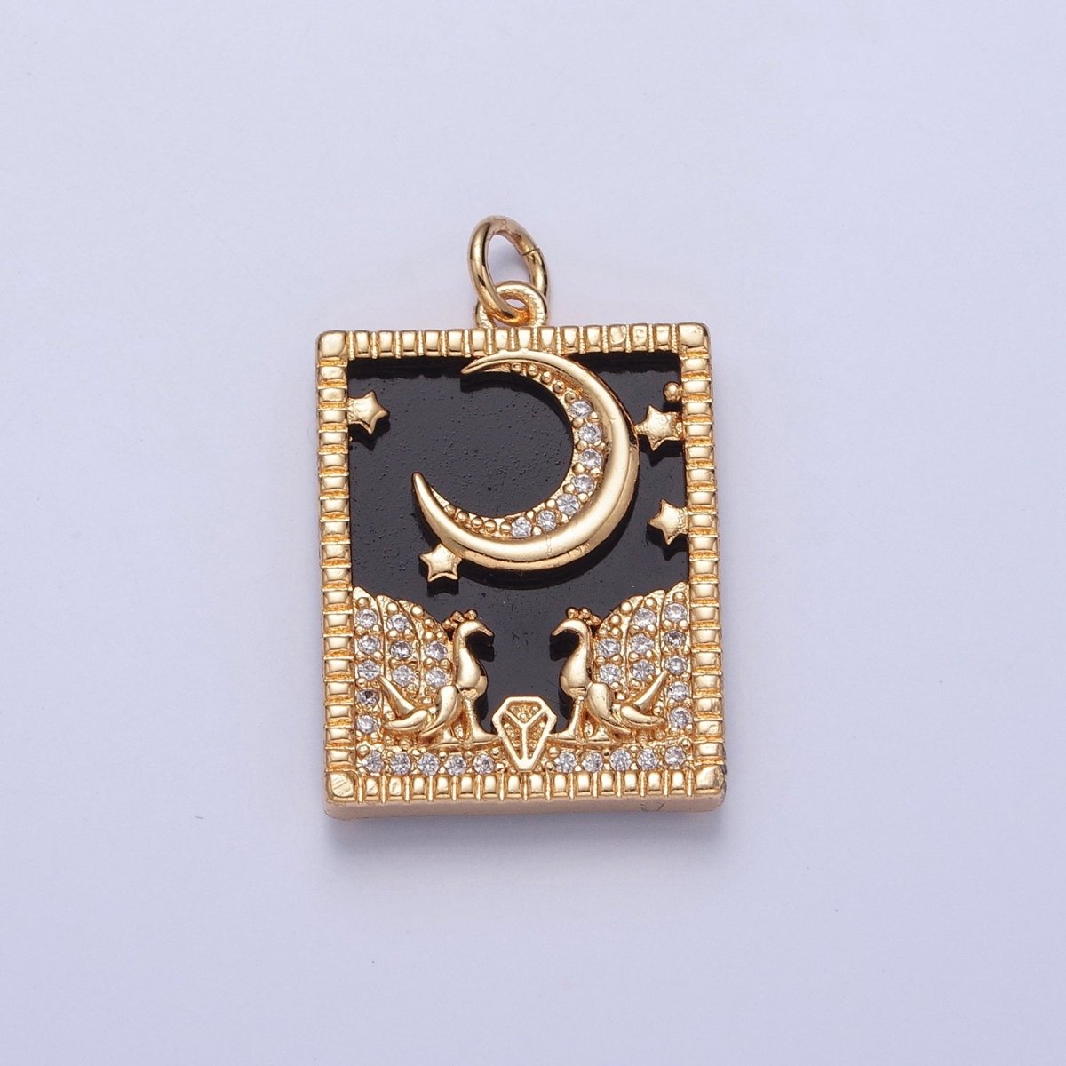 Gold Filled Micro Paved CZ Peacock at Starry Night Obsidian, Turquoise, Pearl, Abalone Celestial Tag Charm | X-135 - X-138 - DLUXCA