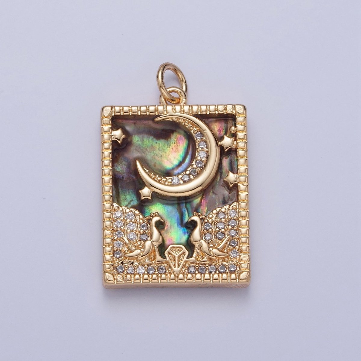 Gold Filled Micro Paved CZ Peacock at Starry Night Obsidian, Turquoise, Pearl, Abalone Celestial Tag Charm | X-135 - X-138 - DLUXCA