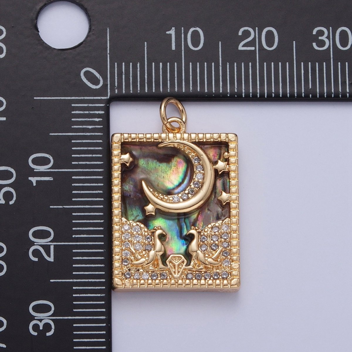 Gold Filled Micro Paved CZ Peacock at Starry Night Obsidian, Turquoise, Pearl, Abalone Celestial Tag Charm | X-135 - X-138 - DLUXCA