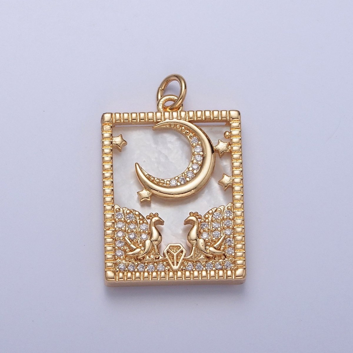 Gold Filled Micro Paved CZ Peacock at Starry Night Obsidian, Turquoise, Pearl, Abalone Celestial Tag Charm | X-135 - X-138 - DLUXCA
