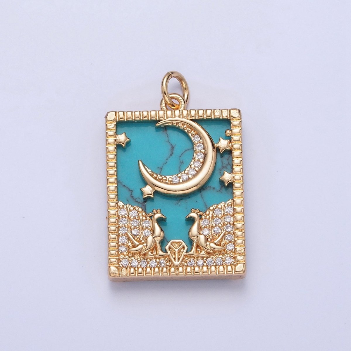 Gold Filled Micro Paved CZ Peacock at Starry Night Obsidian, Turquoise, Pearl, Abalone Celestial Tag Charm | X-135 - X-138 - DLUXCA
