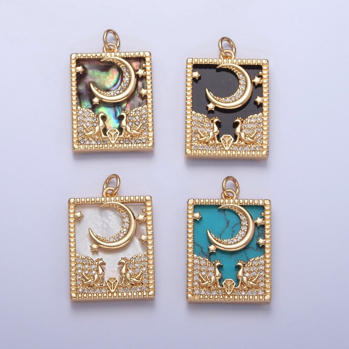Gold Filled Micro Paved CZ Peacock at Starry Night Obsidian, Turquoise, Pearl, Abalone Celestial Tag Charm | X-135 - X-138 - DLUXCA