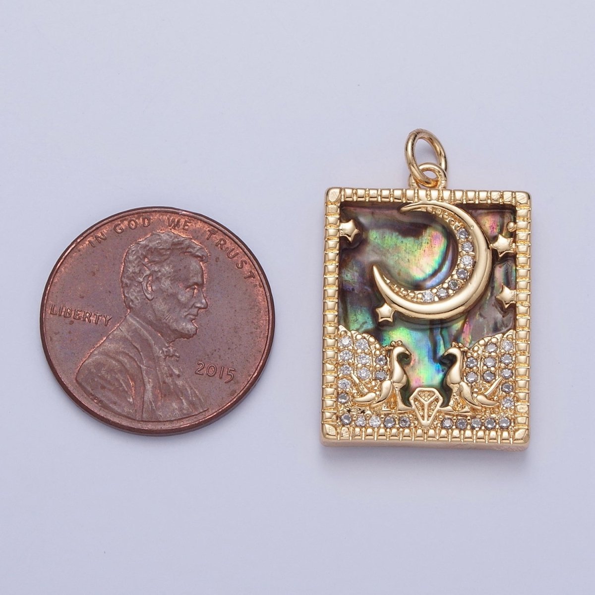 Gold Filled Micro Paved CZ Peacock at Starry Night Obsidian, Turquoise, Pearl, Abalone Celestial Tag Charm | X-135 - X-138 - DLUXCA