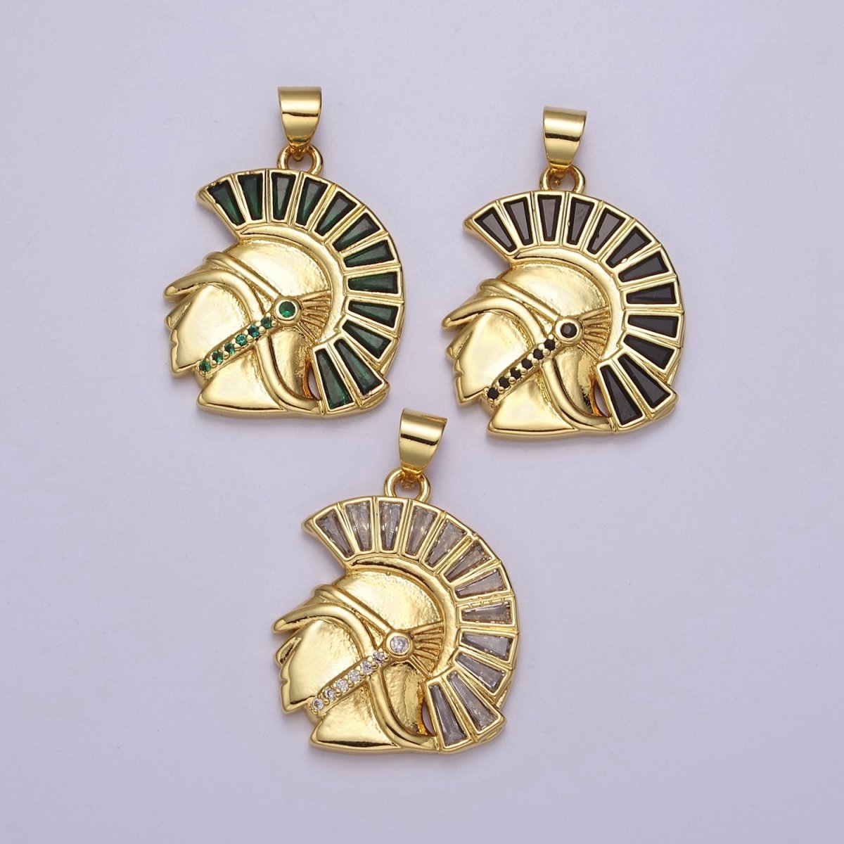 Gold Filled Micro Paved CZ Trojan Knight Green Black Clear Baguette Greek Corinthian Helmet Pendant J-772 J-764 J-766 - DLUXCA