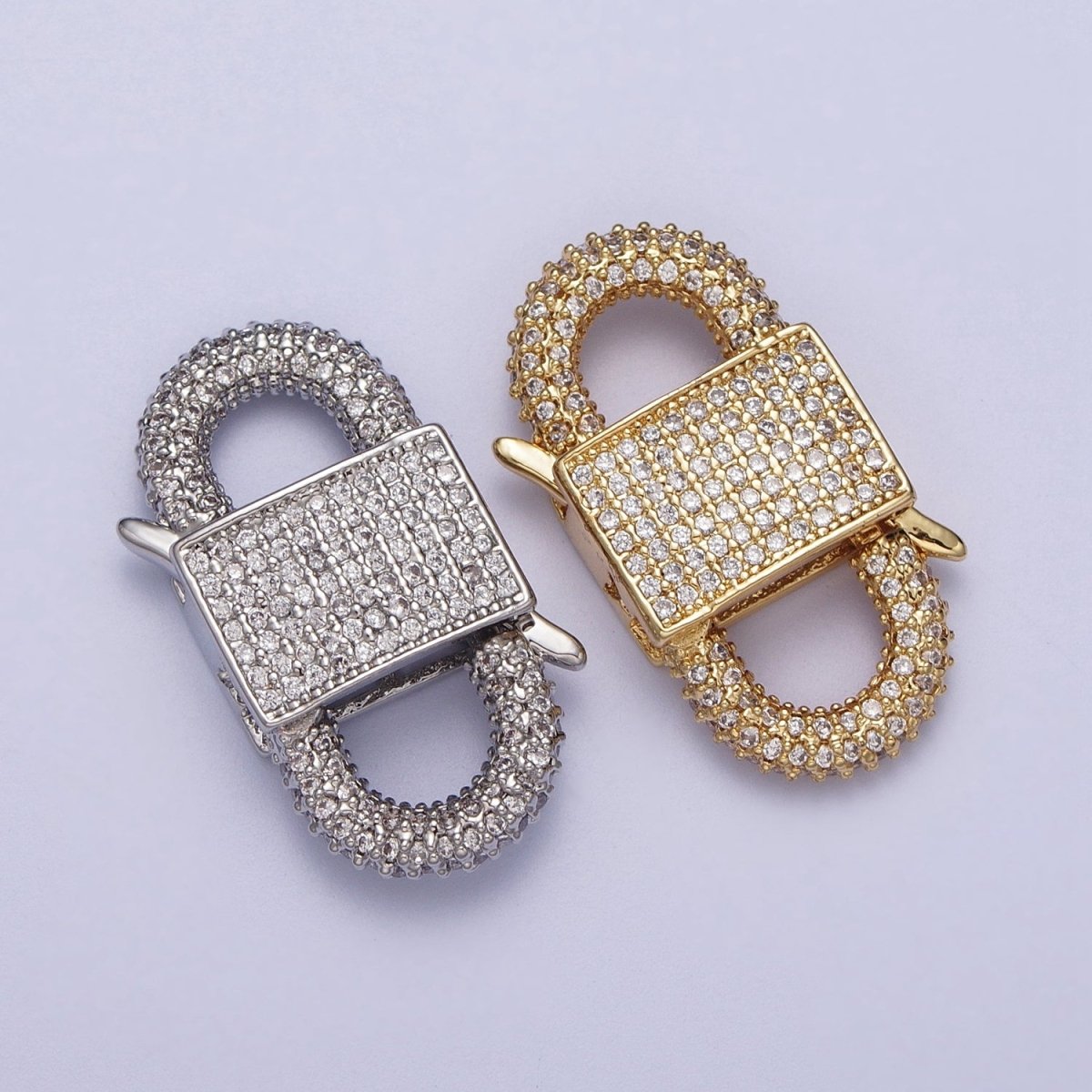 Gold Filled Micro Paved Double Padlock Spring Gate Closure in Gold & Silver | K-199 K-202 - DLUXCA