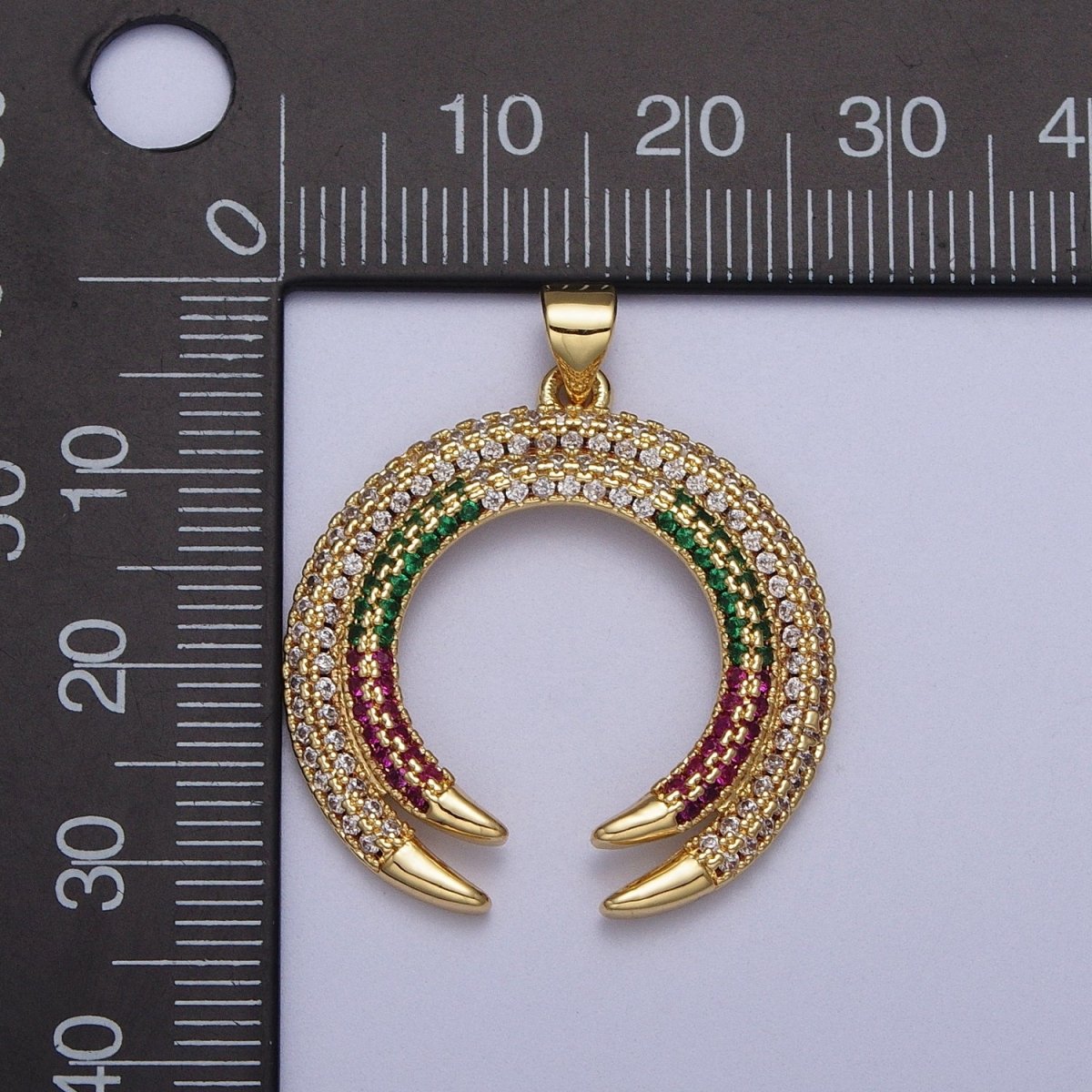 Gold-Filled Micro Paved Multicolor Crescent Moon Double Horn Pendant H-253 - DLUXCA