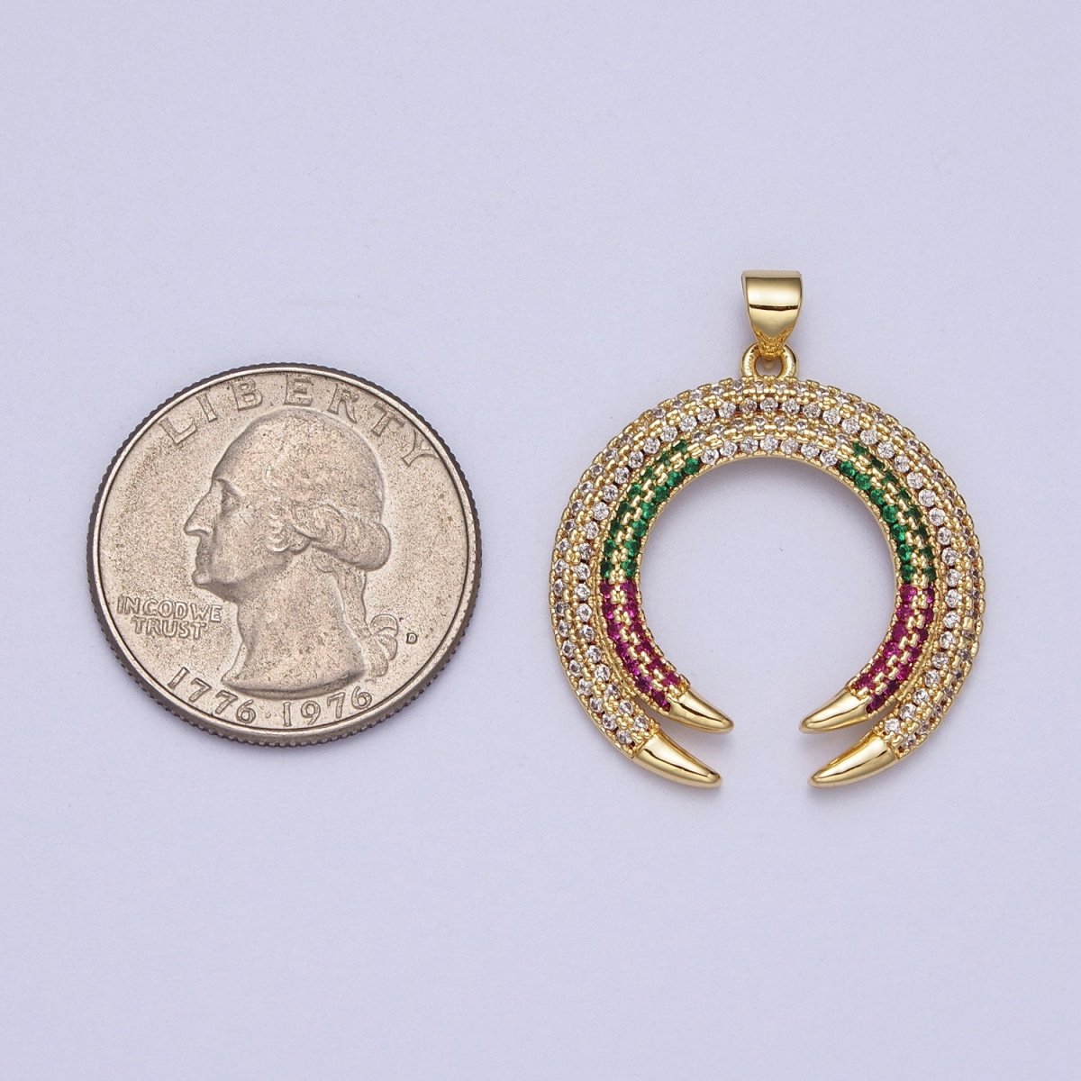 Gold-Filled Micro Paved Multicolor Crescent Moon Double Horn Pendant H-253 - DLUXCA